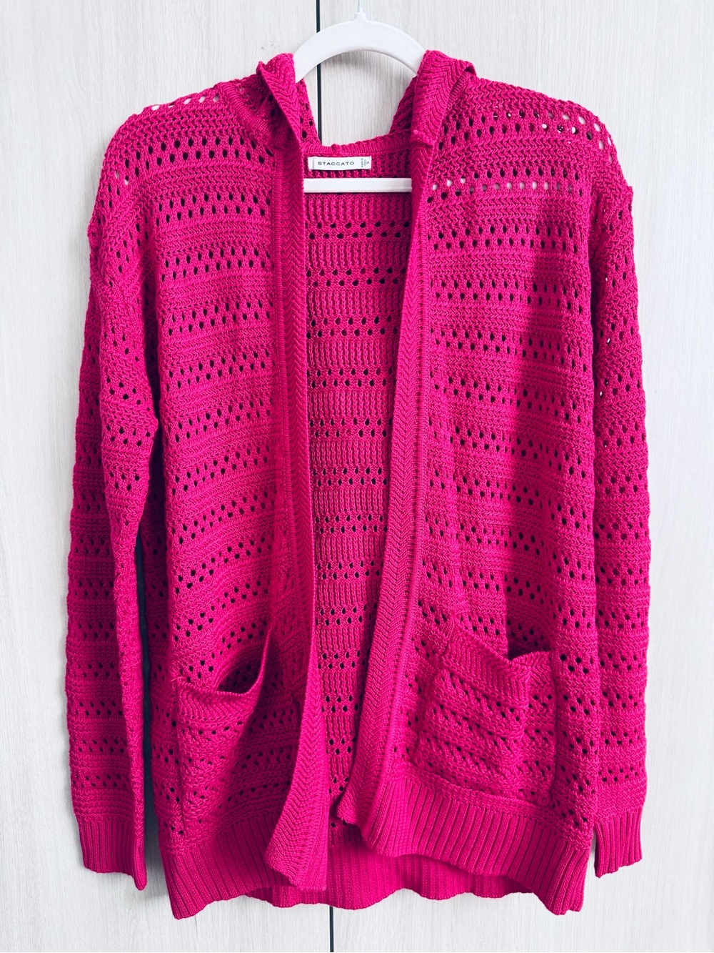 Staccato Open-Knit Hooded Cardigan in Hot Pink